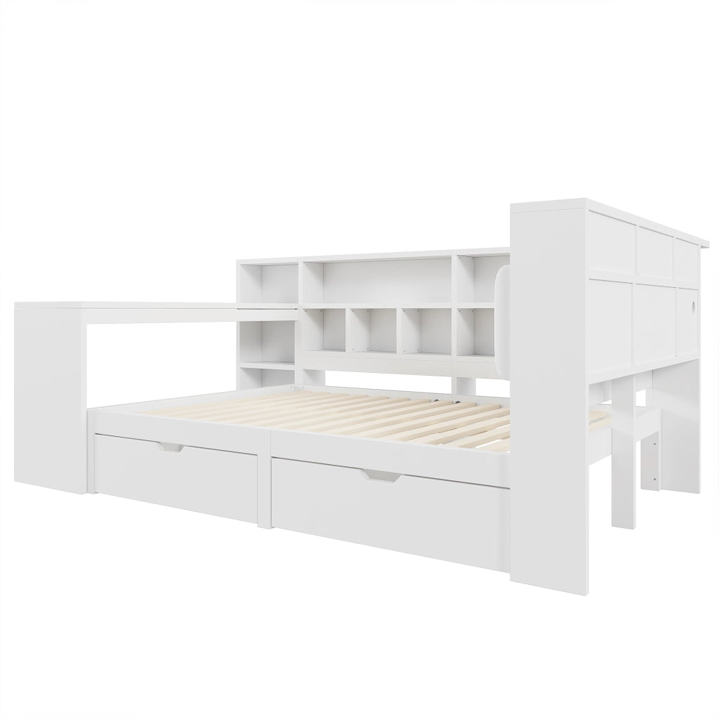 Letto combinato 140 × 200 cm con scrivania, libreria, cassetti, LED e USB, senza materasso, bianco