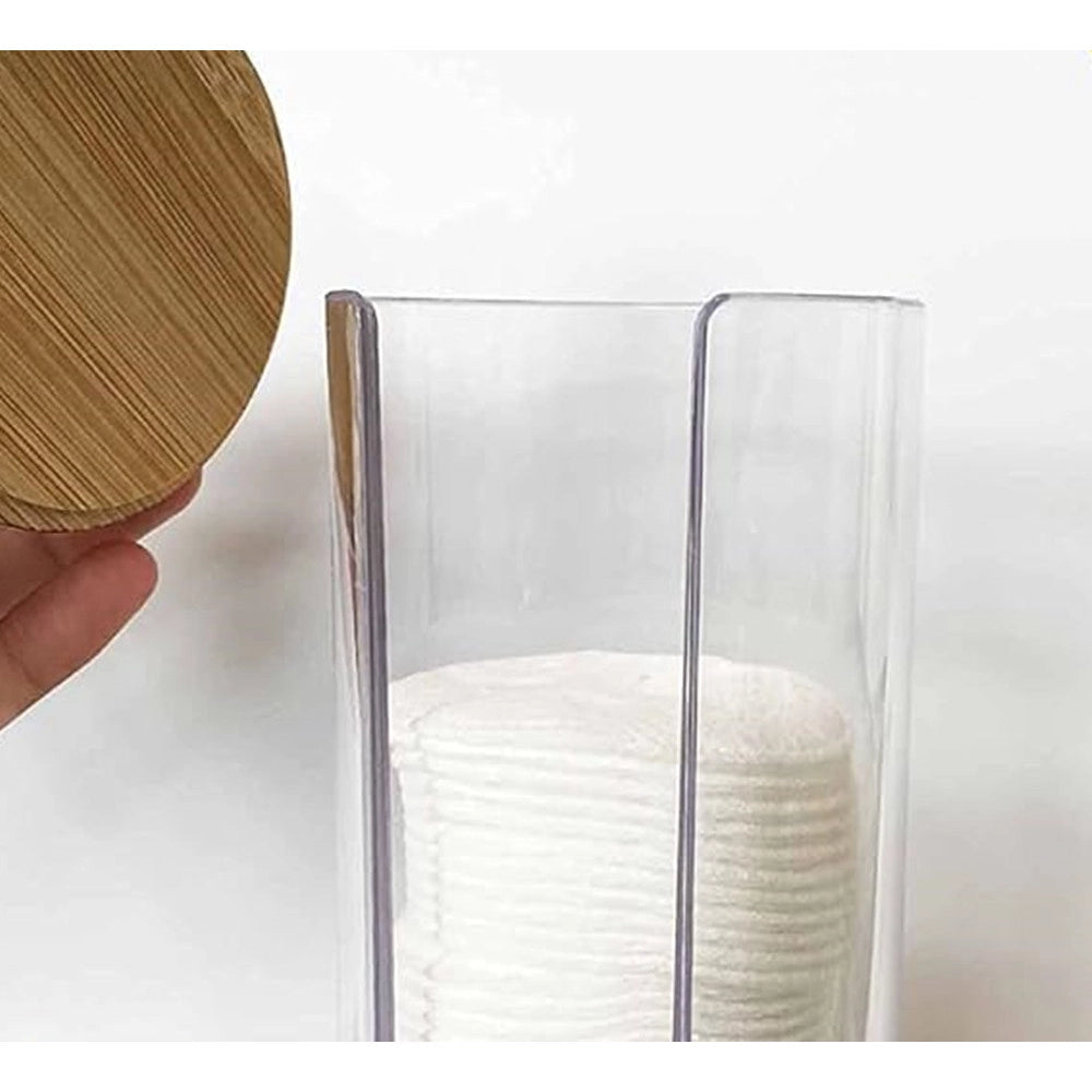 Trade Shop - Dispenser Porta Dischetti Struccanti Trasparente Con Coperchio In Legno 7.5x18.6cm 10824 -