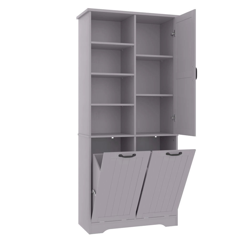 Armoire de salle de bain - Xylo - 78 x 35 x 172 cm - Grigio - Vernice resistente all'umidit??, doppio cesto per il bucato, ripiani regolabili
