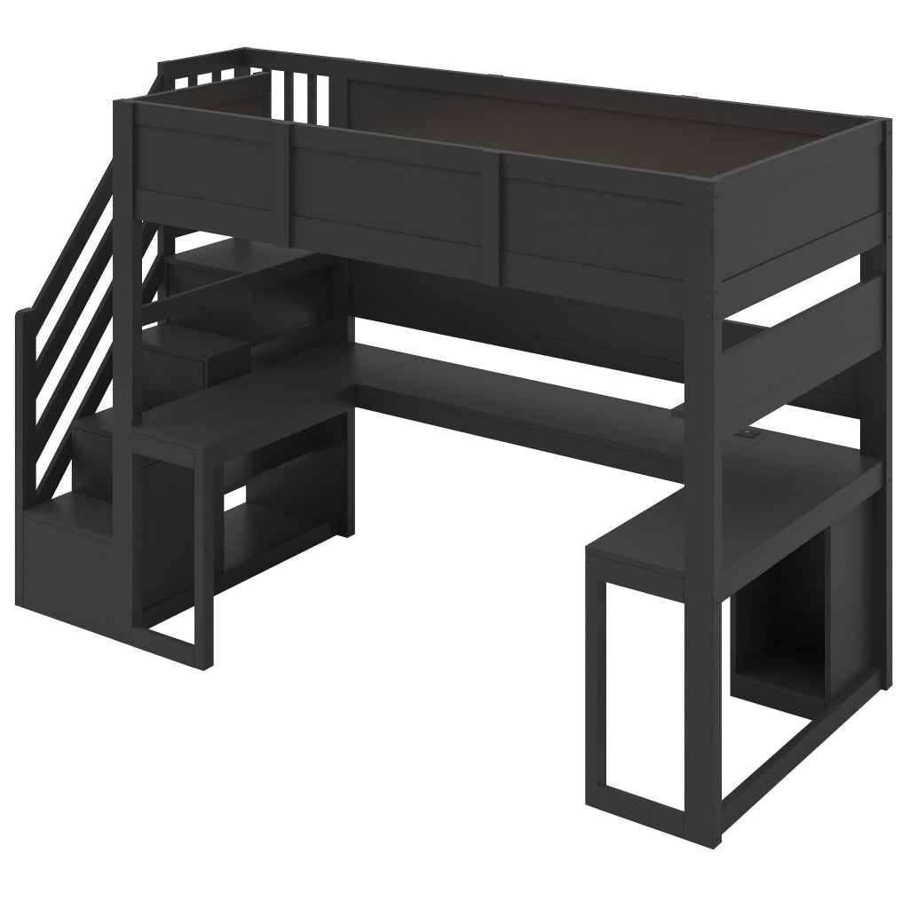 Letto a soppalco 90x200 con scrivania; scala contenitore; LED e USB; in multistrato e MDF nero per camera