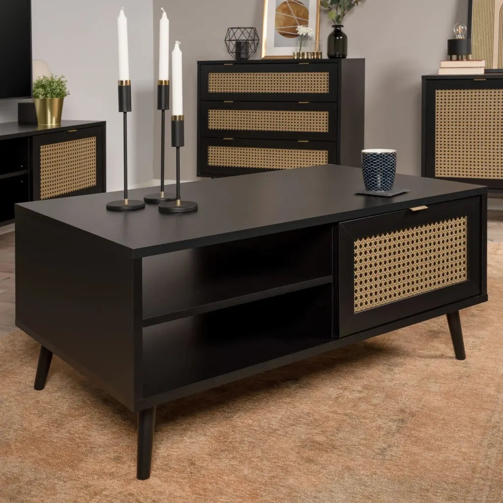 Finori Tavolino da Salotto Vienna 55A Nero con Stampa Rattan 441196
