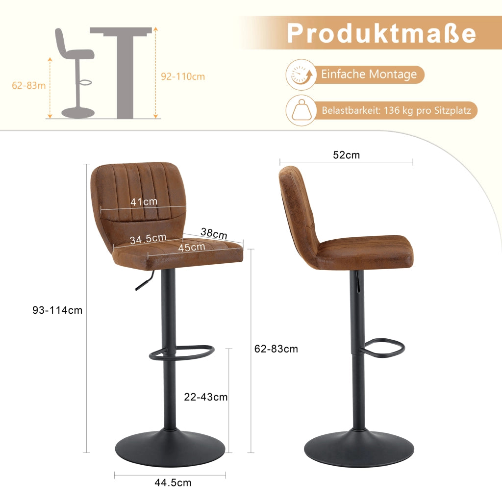 SGABELLO BAR regolabile 62-83 cm nero e marrone, girevole 360°