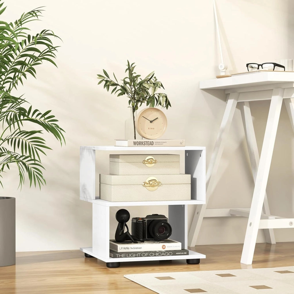 Set di 2 tavolini bianchi comodino comodino in legno, piccola libreria a 3 livelli, tavolino da caffè con piedini antiscivolo, tavolo d'accento moderno per camera da letto, 39,5 x 39,5 x 45 cm