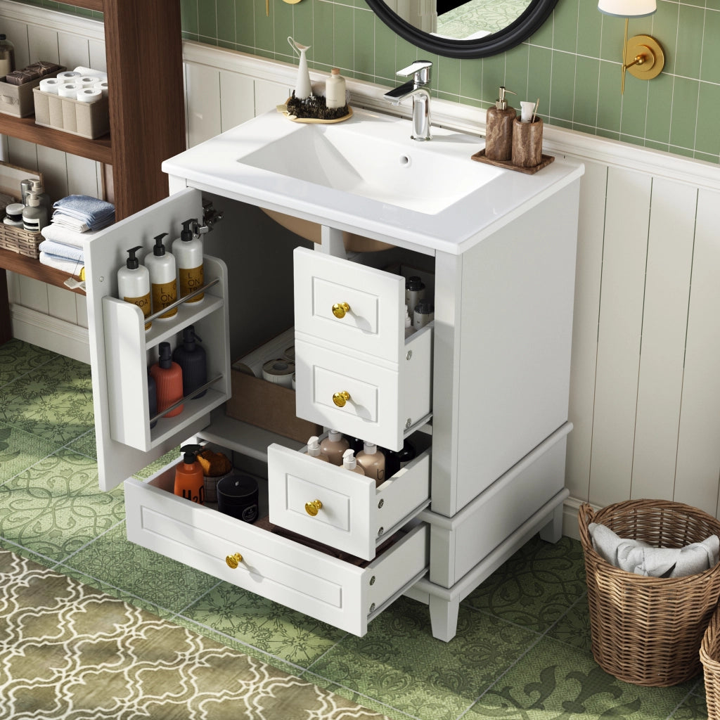 Mobile sottolavabo con 3 cassetti e anta Soft-Close; per bagno; in MDF e ceramica; 61x47x86 cm; bianco