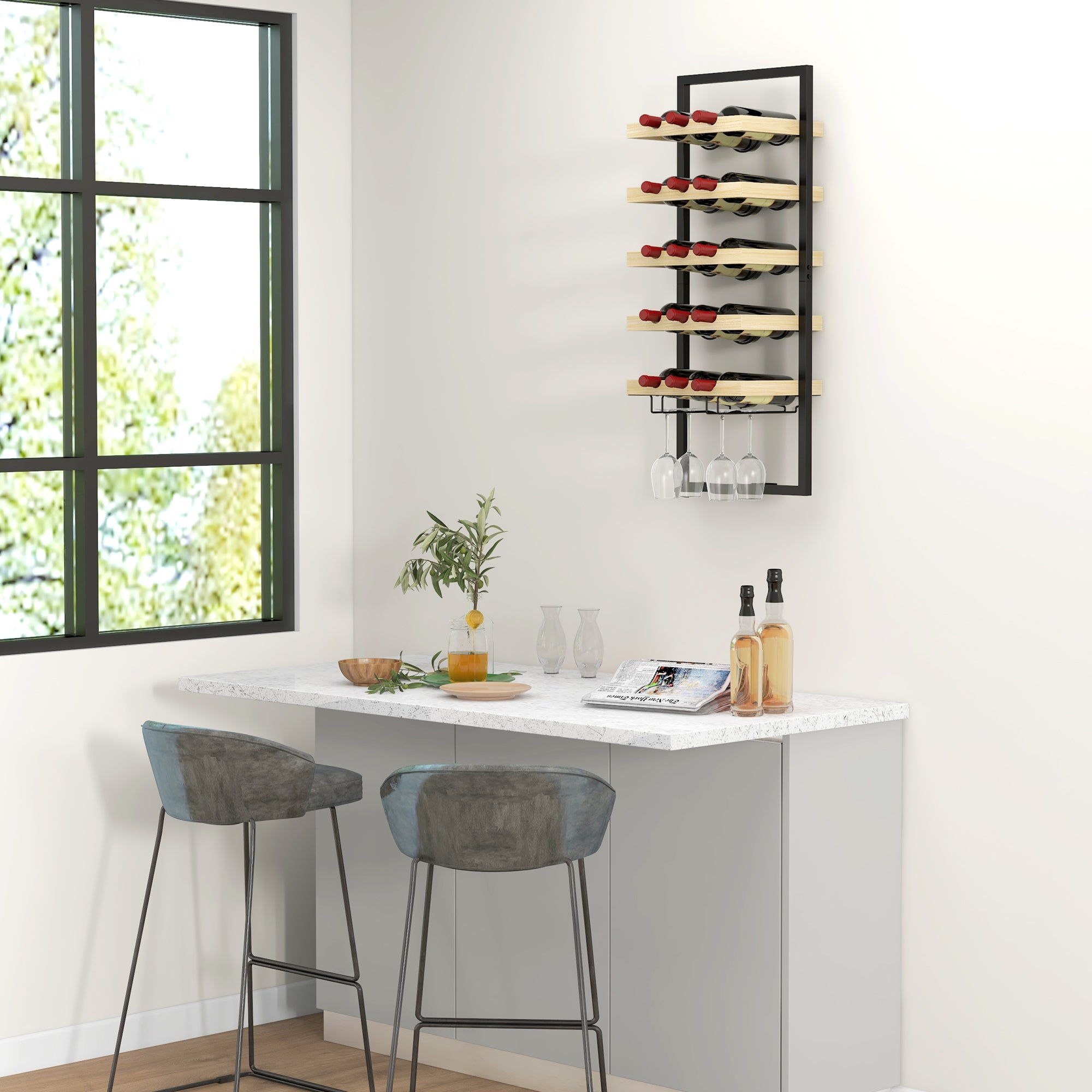 Portabottiglie da Parete per 15 Bottiglie e 4 Calici 35x25x86cm in Legno e Acciaio