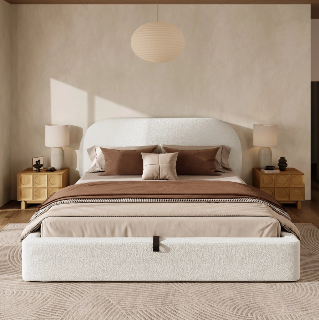 Letto matrimoniale 160 x 200 cm in bouclé beige con contenitore idraulico e rete a doghe