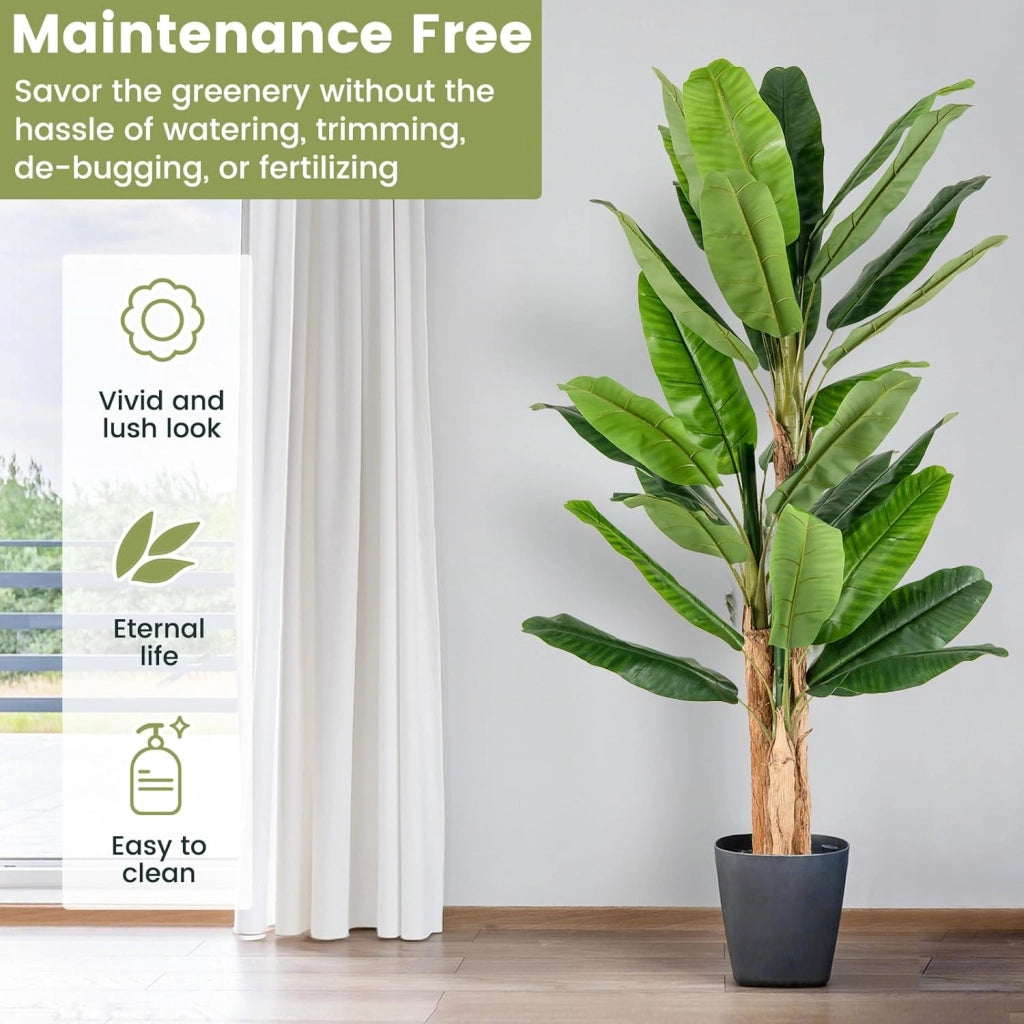 Albero di foglie di banana artificiale con vaso di fiori finti per decorazione interna, pianta tropicale, decorazione per ingresso, soggiorno, balcone, ufficio, 195 cm