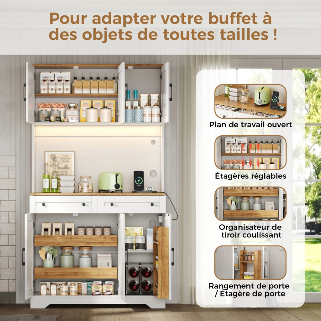 Mobile dispensa da cucina con LED RGB prese e organizer estraibile 2 cassetti in MDF naturale bianco 100 × 40 × 180 cm