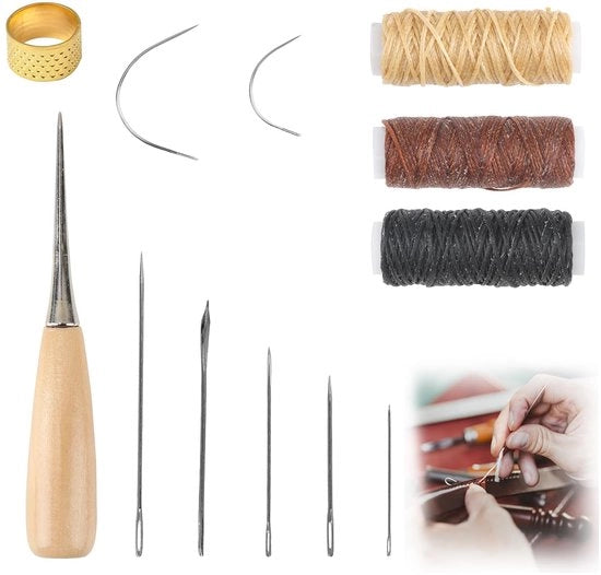 Accessori per cucito 12 pezzi - Pelle di alta qualità - Filo trattato - Aghi in acciaio inossidabile - Manico - Strumento multifunzionale - Accessori per cucito