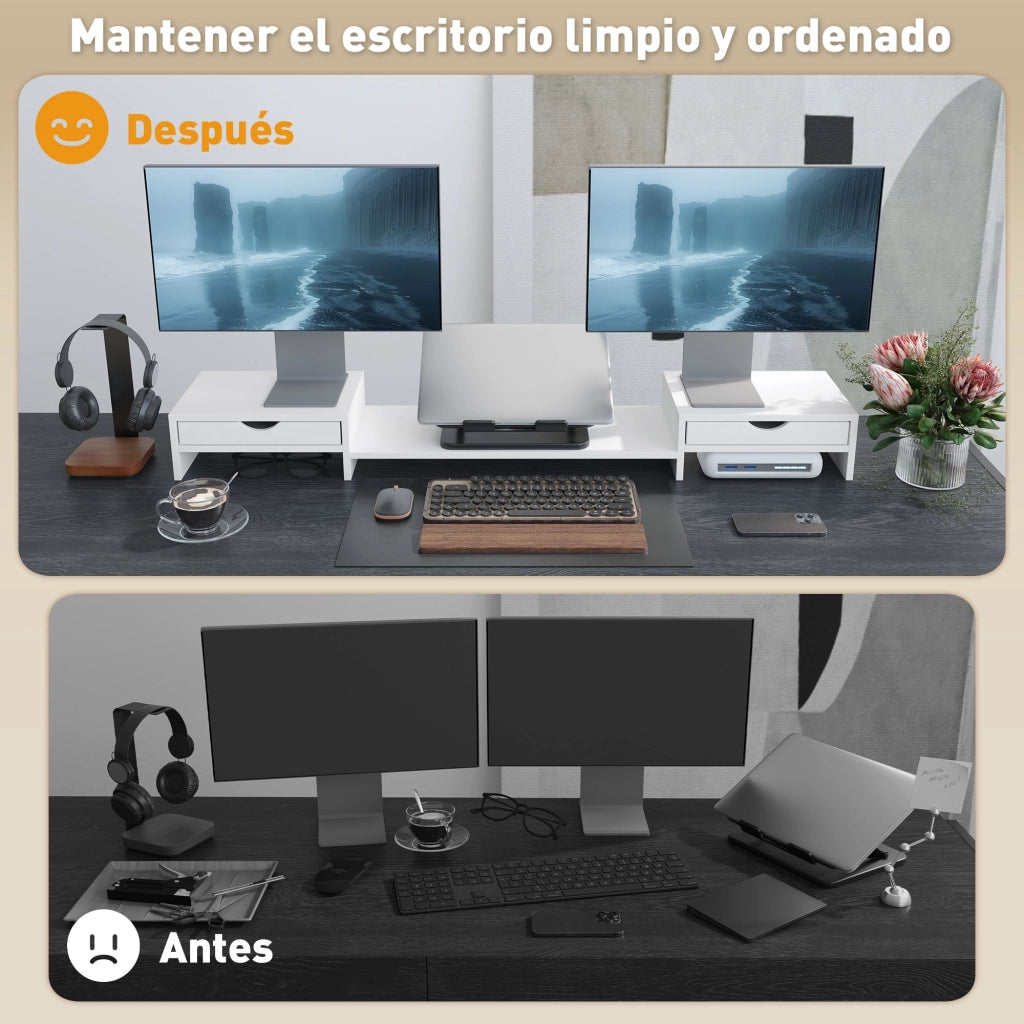 Supporto Monitor Regolabile con 2 Cassetti per PC Portatile ¨C Zephmum ¨C Bianco 60-116x22x12 cm