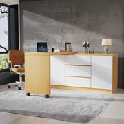 Scrivania pieghevole girevole 360° con ruote bloccabili, 2 ante e 3 cassetti, 120x50x76,5 cm, bianco/rovere
