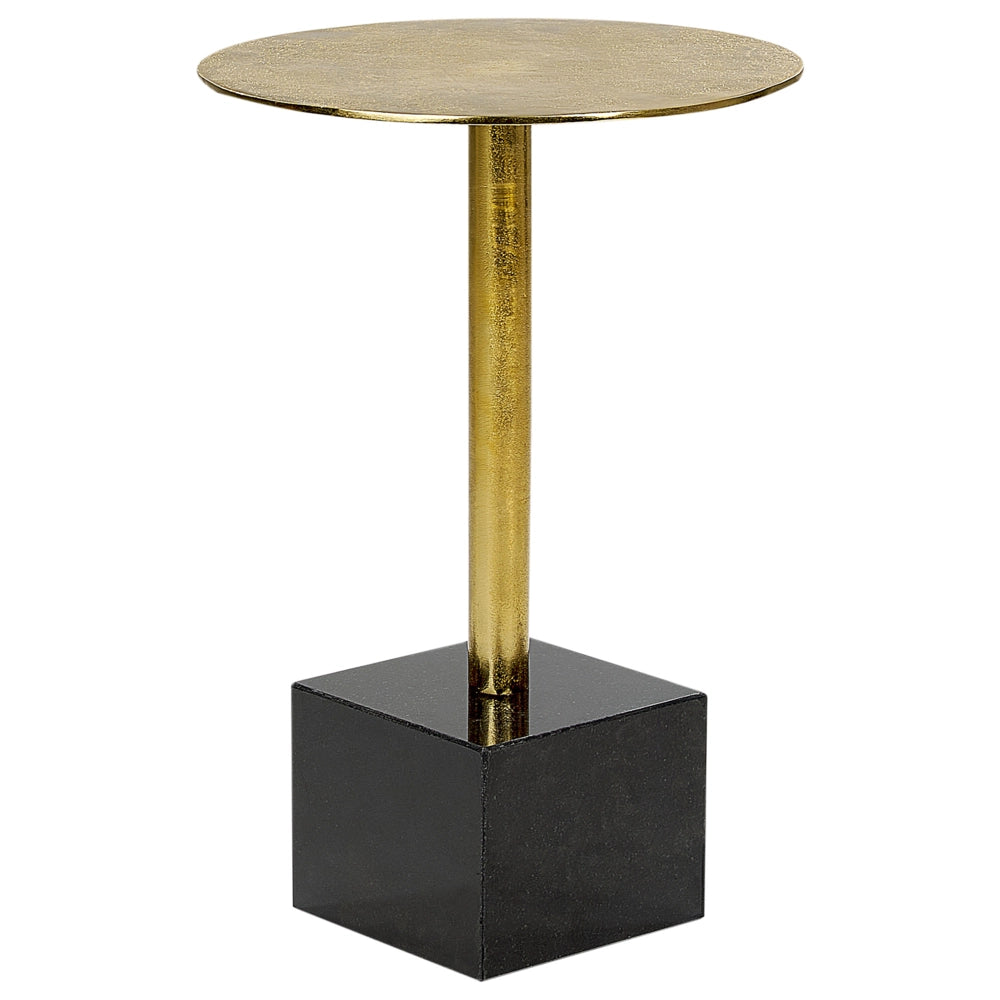 Tavolino moderno rotondo di forma geometrica con piano in metallo e base in pietra nero e oro soggiorno salotto
