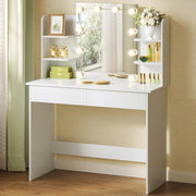 Postazione Trucco, Toeletta Trucco con Luci, Toeletta Trucco,Scrivania con Specchio e 10 Lampadine LED Dimmerabili,2 Cassetti e 4 Ripiani,Comò per Camera da Letto in Legno, Bianco, 90x40x135cm