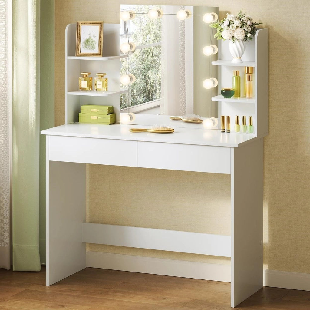 Postazione Trucco, Toeletta Trucco con Luci, Toeletta Trucco,Scrivania con Specchio e 10 Lampadine LED Dimmerabili,2 Cassetti e 4 Ripiani,Comò per Camera da Letto in Legno, Bianco, 90x40x135cm