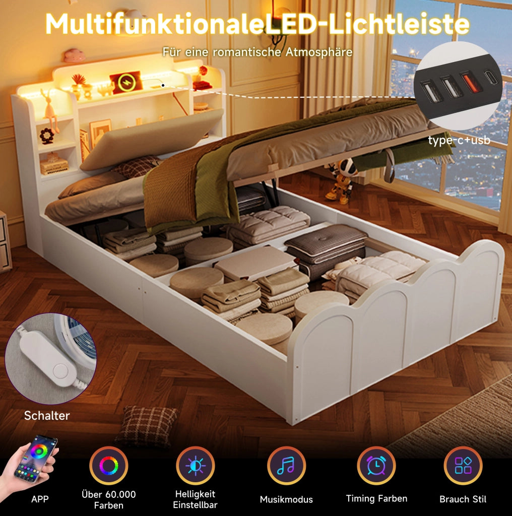 Letto singolo 90x200 cm con contenitore idraulico, LED e USB-C