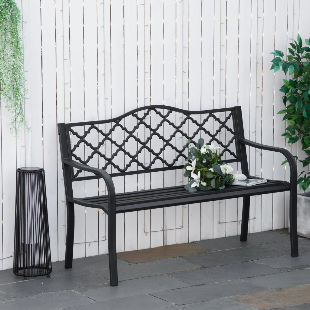 Panchina da Esterno 2 Posti in Acciaio e Ghisa con Braccioli e Schienale Decorato, 128x58.5x89cm, Nero