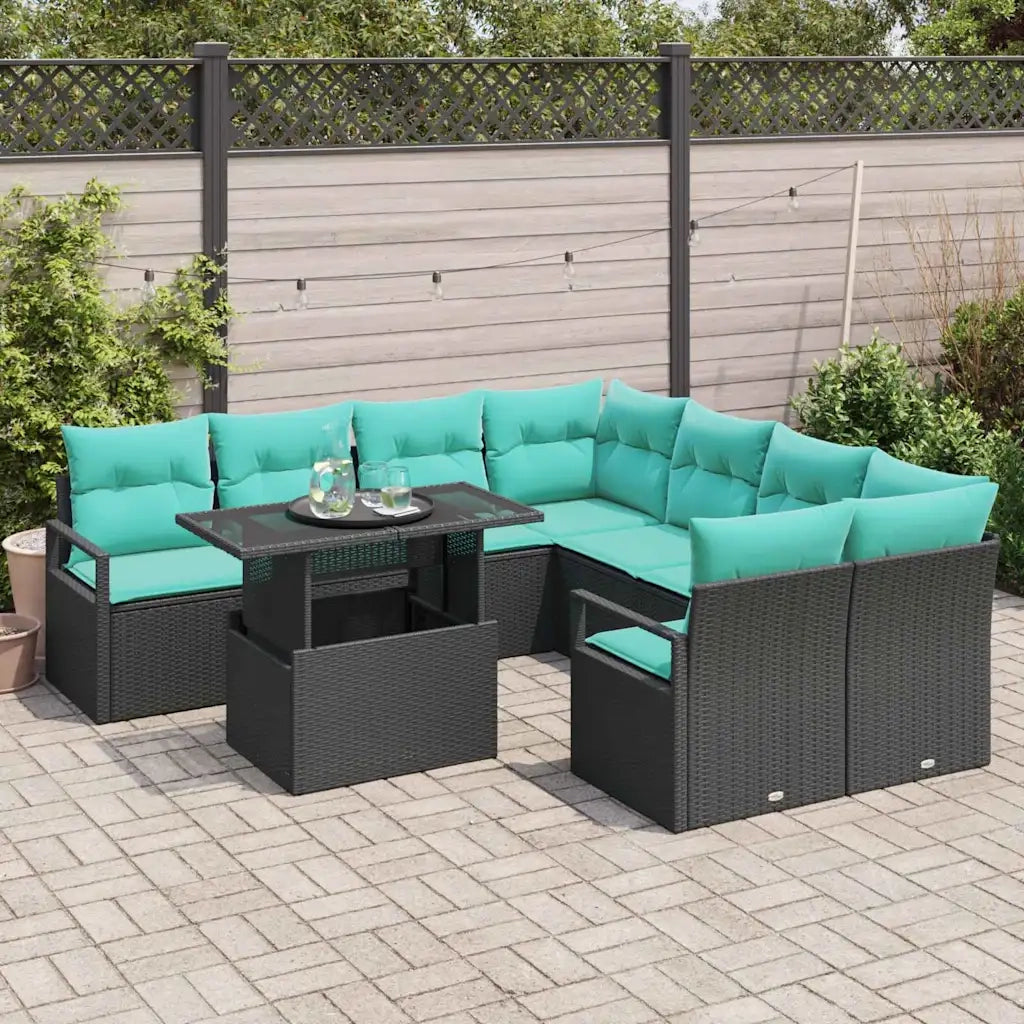 Set Divano da Giardino con cuscino 9 pcs Nero e Blu polyrattan