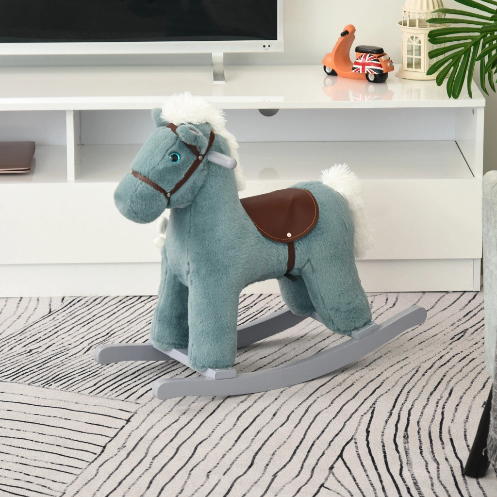 EasyComfort Cavallo a Dondolo per Bambini in Peluche e Legno con Suoni e Orsetto Incluso, per Bimbi da 18-36 Mesi, 65x26x55cm, Blu