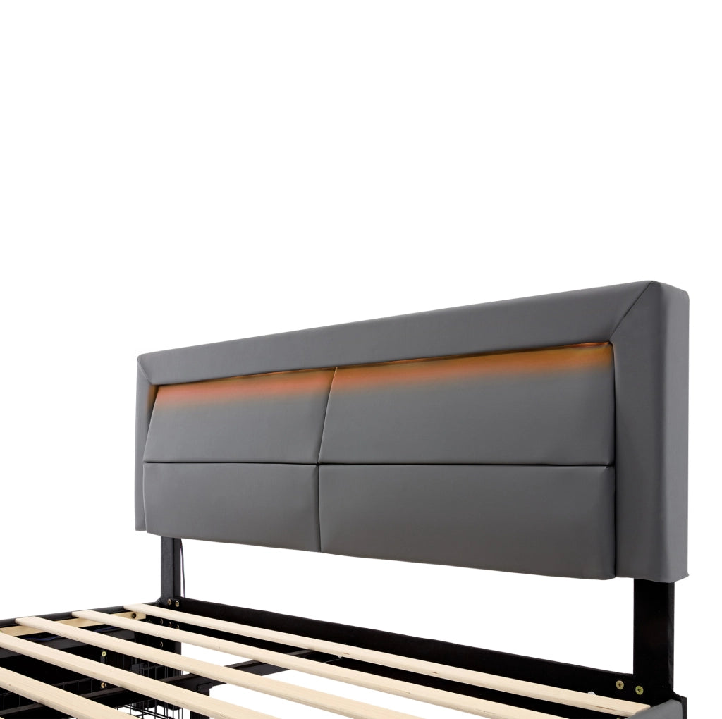 Letto imbottito 140 x 190 cm grigio con USB, LED e 4 cassetti