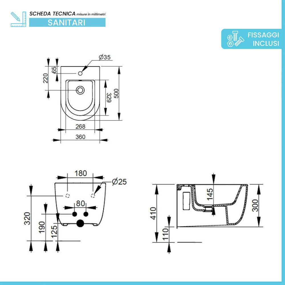 Set sanitari sospesi salvaspazio P. 50 cm bianco con scarico a vortice e copriwc Round Dolomite