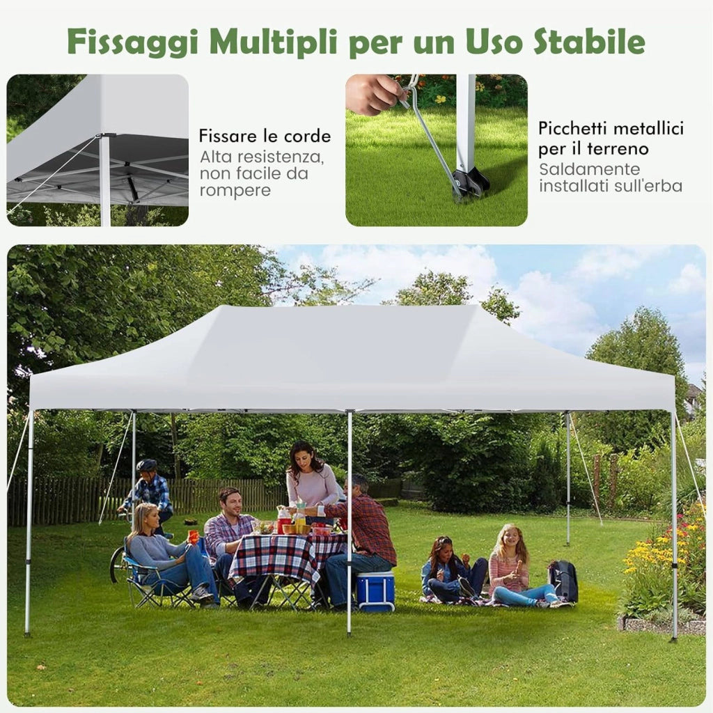 Gazebo Commerciale Regolabile e Pieghevole 6x 3M, con Ruote e Borsa Portatile, Patio Impermeabile per Matrimoni, Feste e Campeggi, Bianco