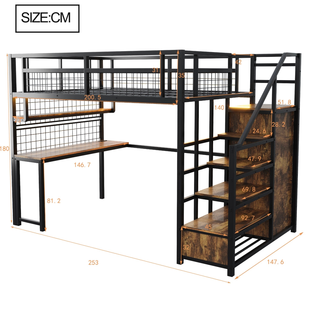 Letto a soppalco 140 × 200 cm con scrivania, scaffale, armadio, luci LED e prese, senza materasso, nero