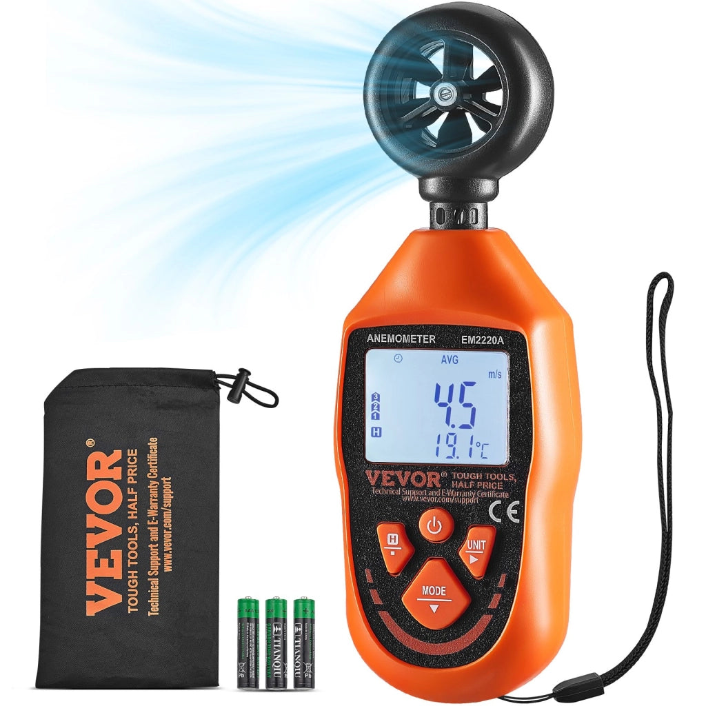 Anemometro Digitale Portatile EM2220A Misuratore Velocita Vento e Temperatura con Display Retroilluminato LED IP44 per Fai da Te