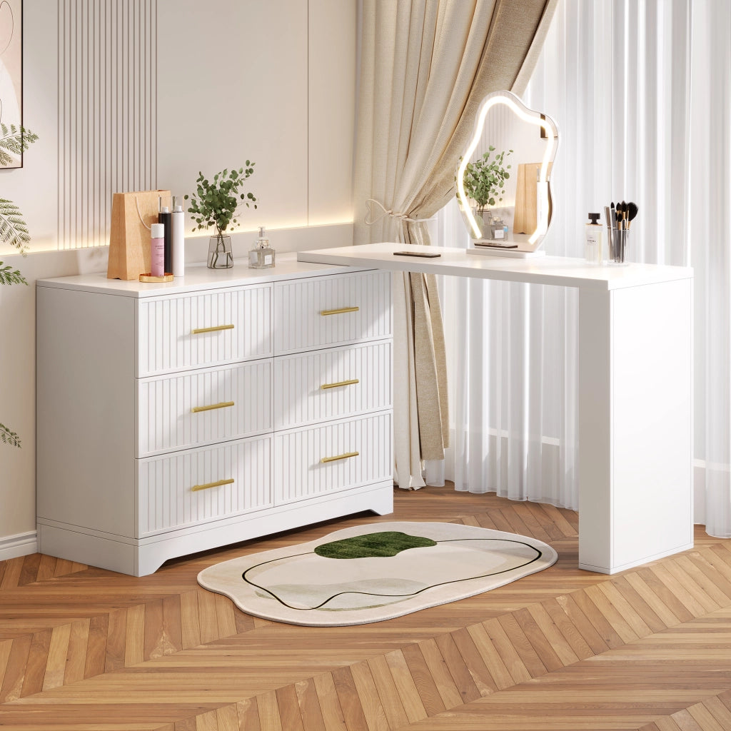 Toeletta girevole con specchio LED, design a L, bianco e oro, 110¡Á40¡Á129 cm