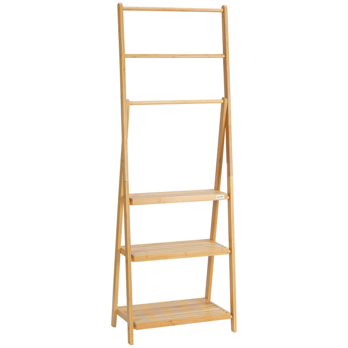 Portasciugamani Bagno Multiuso 53x30,5x152 cm Pieghevole con 3 Barre e 3 Ripiani in Legno Naturale