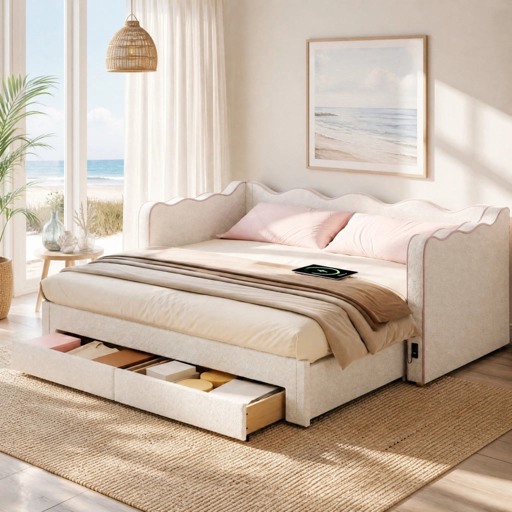 Letto daybed estraibile con cassetti, USB e Type-C, bouclé beige, 90x200 cm