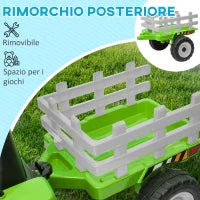 Trattore Elettrico per Bambini 3-6 Anni con Rimorchio Rimovibile, Batteria 12V e Telecomando, Verde