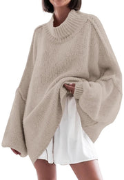 Maglione donna oversized - Maniche a strisce - Collo alto - Stile casual - Maglia a coste - Materiale soffice e caldo - Maglione a girocollo