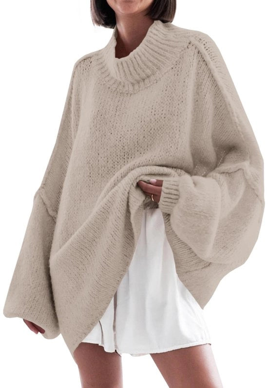 Maglione donna oversized - Maniche a strisce - Collo alto - Stile casual - Maglia a coste - Materiale soffice e caldo - Maglione a girocollo