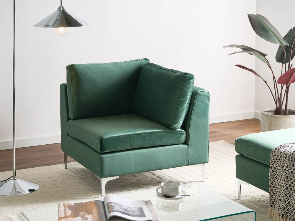 Divano ad angolo a 1 posto in velluto verde Modulo con gambe in metallo argento Stile glamour