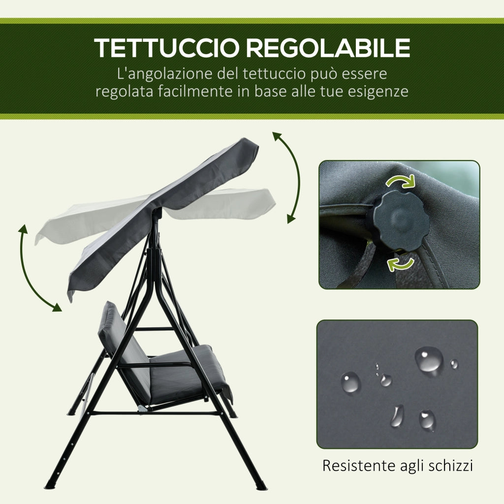 Dondolo 3 Posti con Tettuccio Regolabile e Cuscini. in Acciaio e Poliestere. 172x110x153 cm. Grigio