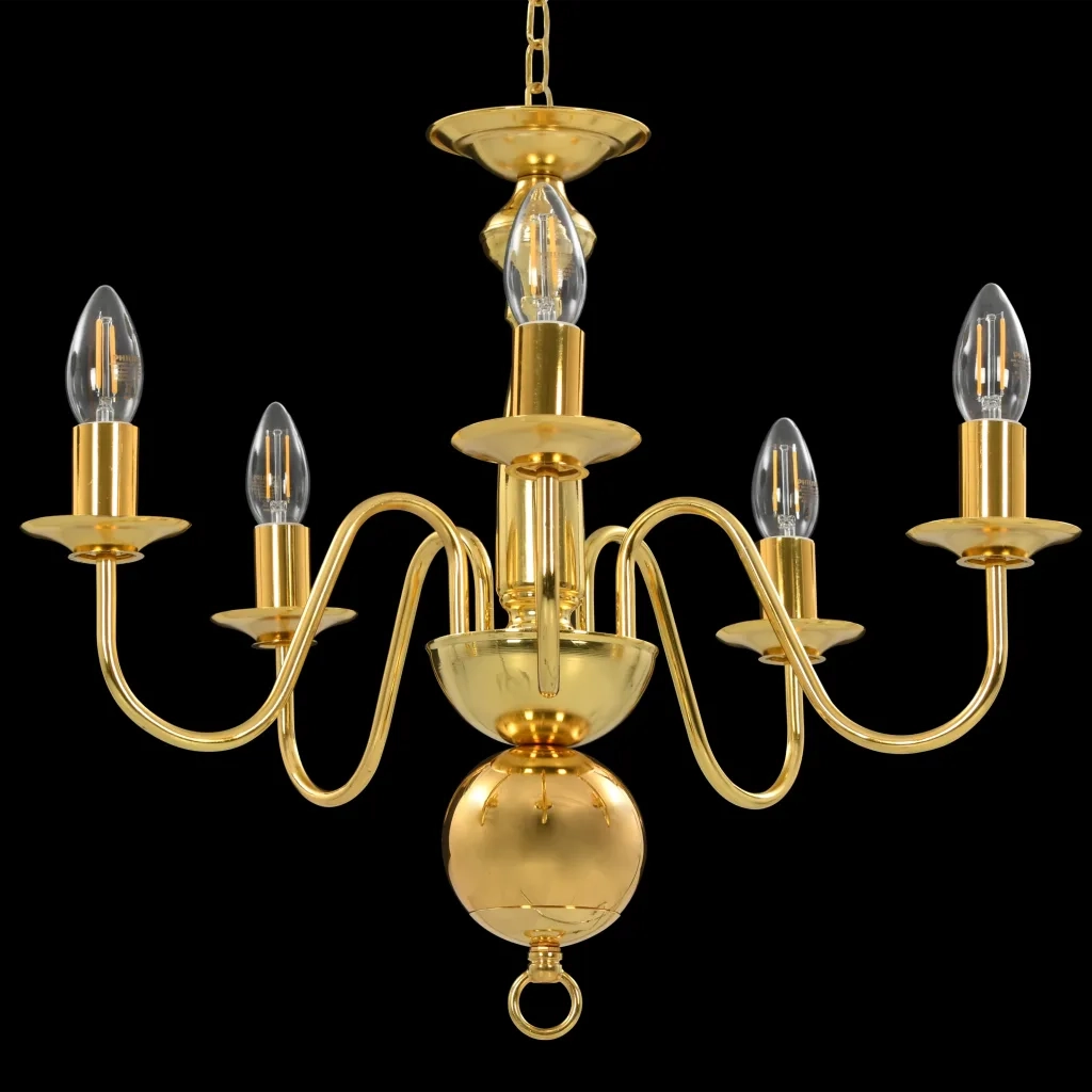 Lampadario classico dal design elegante 50 x 45 cm che crea un'atmosfera morbida e accogliente. 5 lampadine E14 in metallo color oro. 02_0046423