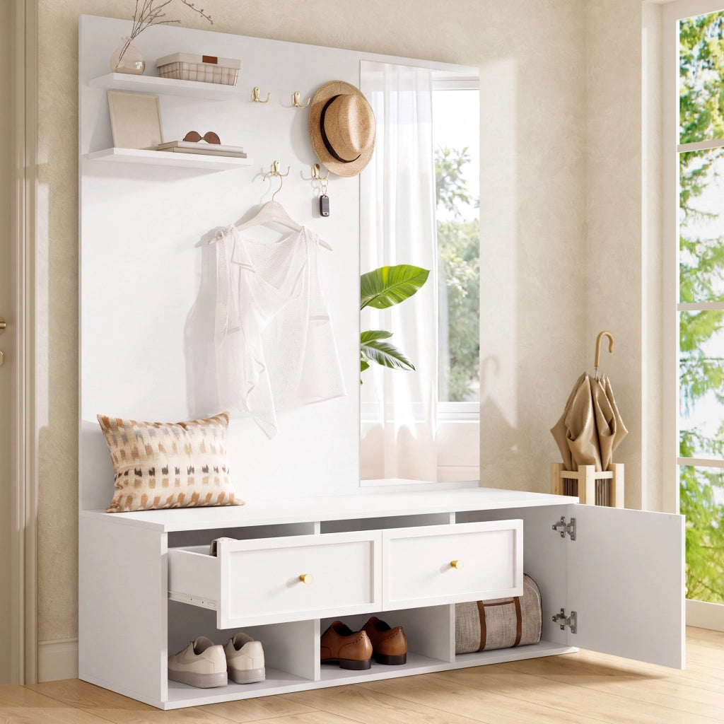 Set ingresso multifunzione con specchio, ripiani, cassetti e ganci, 120 x 35 x 159 cm, bianco