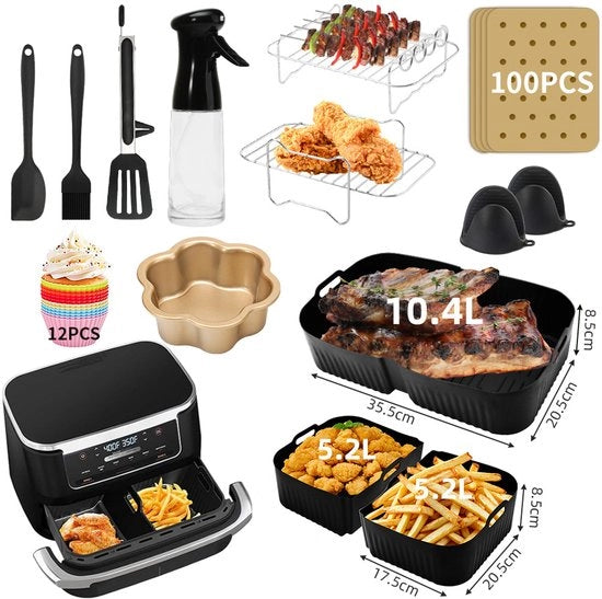 Set di Accessori per Airfryer Delicato 15 pezzi - Accessori per Airfryer a Doppio Forno - BPA libero - Set di Accessori per Frittura ad Aria a Doppio Forno
