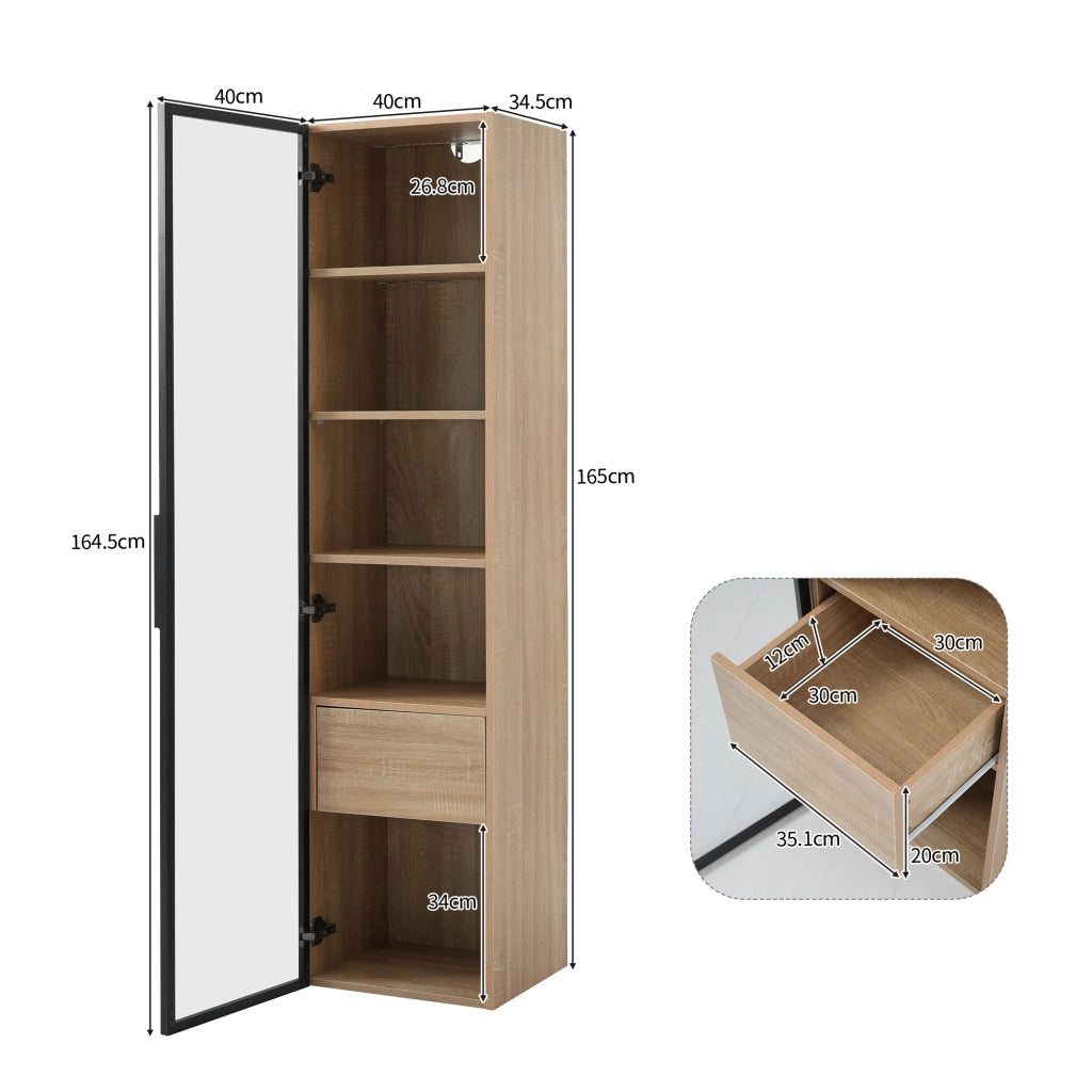 ARMADIO DA BAGNO con 1 cassetto e 1 anta in vetro temperato, MDF naturale