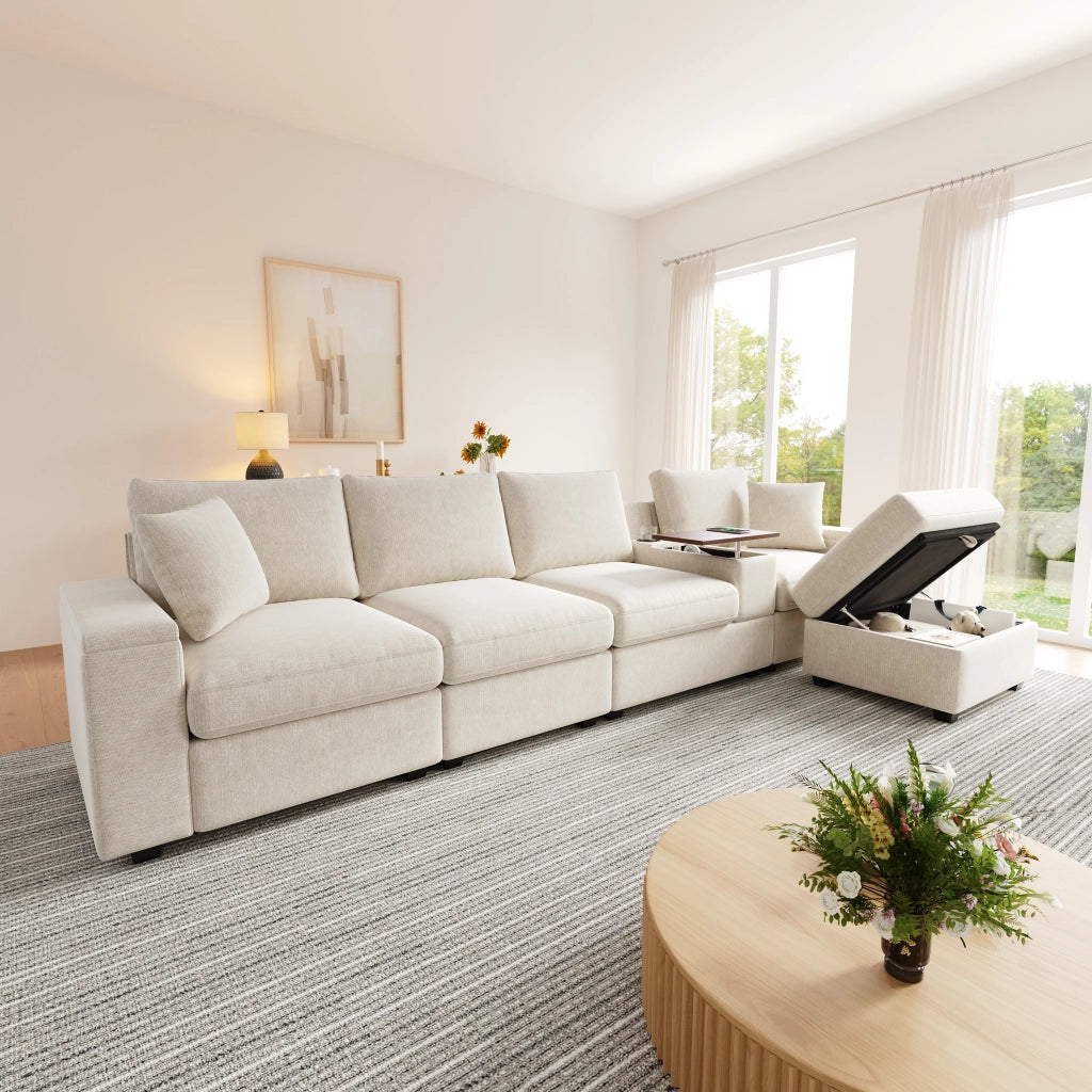 Divano modulare angolare in ciniglia con USB tipo C portabicchieri e contenitore beige