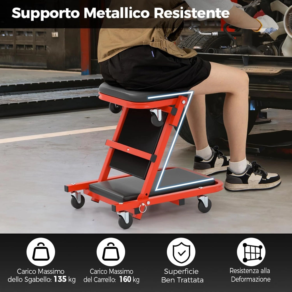 COSTWAY 2 in 1 Sgabello da Officina a Forma di Z, Carrello Meccanico sotto Auto con Sedile Imbottito e Ruote Girevoli a 360°, Portata 160 kg, per Garage e Officina (Nero)