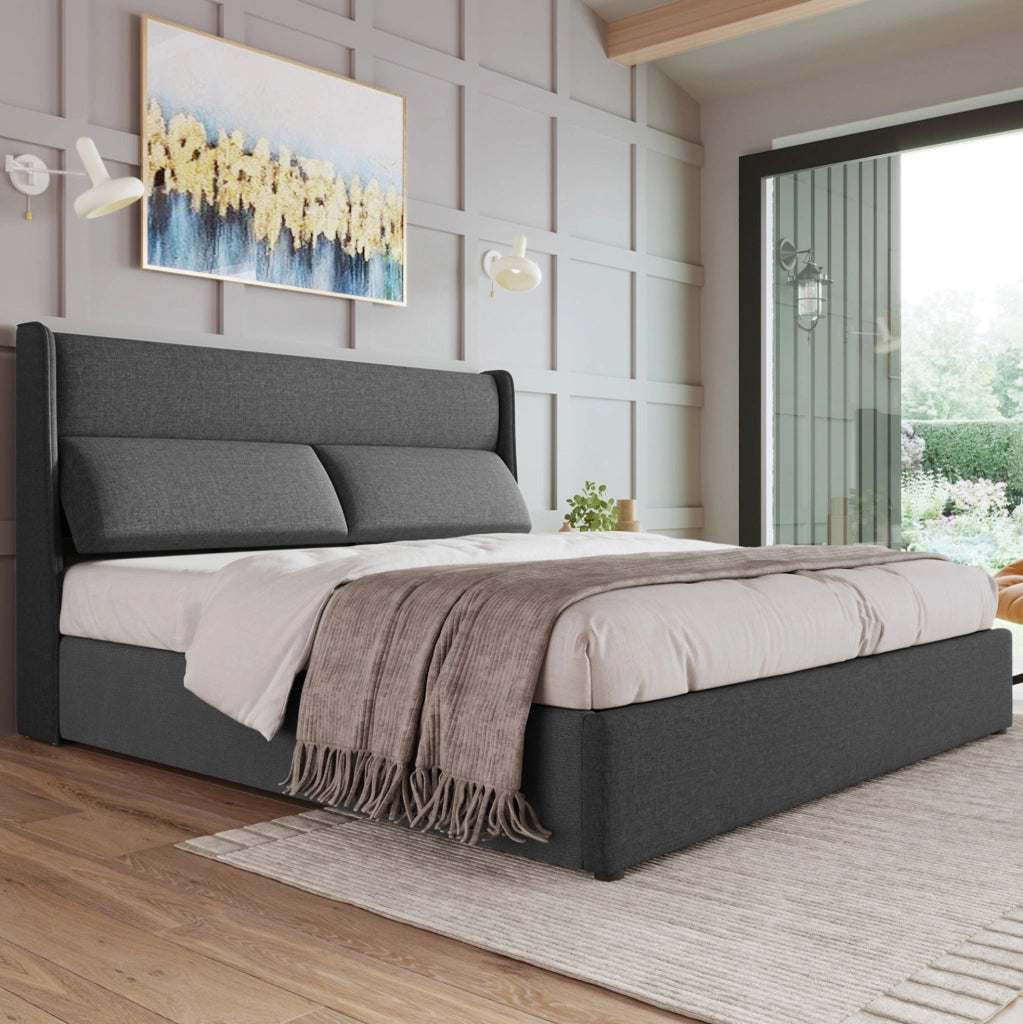 Letto imbottito con contenitore e testiera regolabile grigio 160 x 200 cm