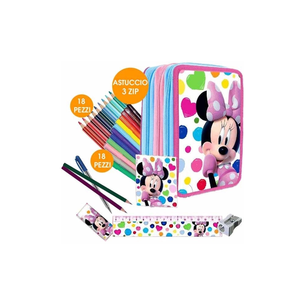 Trade Shop - Kit Scuola School Pack Zaino Estensibile + Astuccio 3 Zip Disney Minnie Mouse -