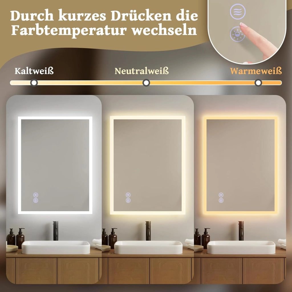 ZMH Specchio con luce 50x70cm Specchio da parete a LED Specchio da bagno in vetro antideflagrante con touch screen