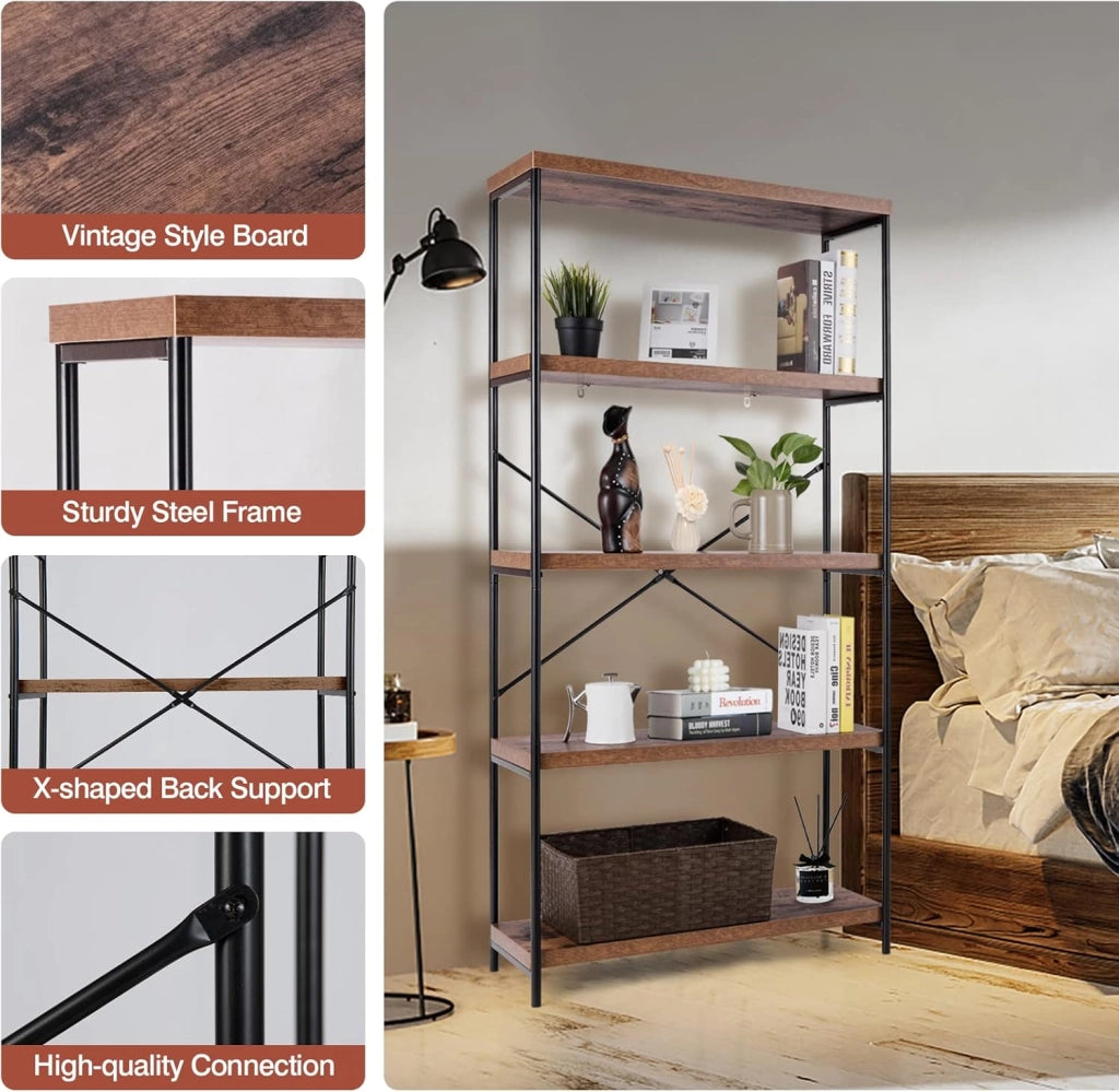 Scaffale Portaoggetti a 5 Livelli, Libreria Scaffale per Studio, Soggiorno, Ufficio, Stile Industriale,79 x 35 x 159,5cm