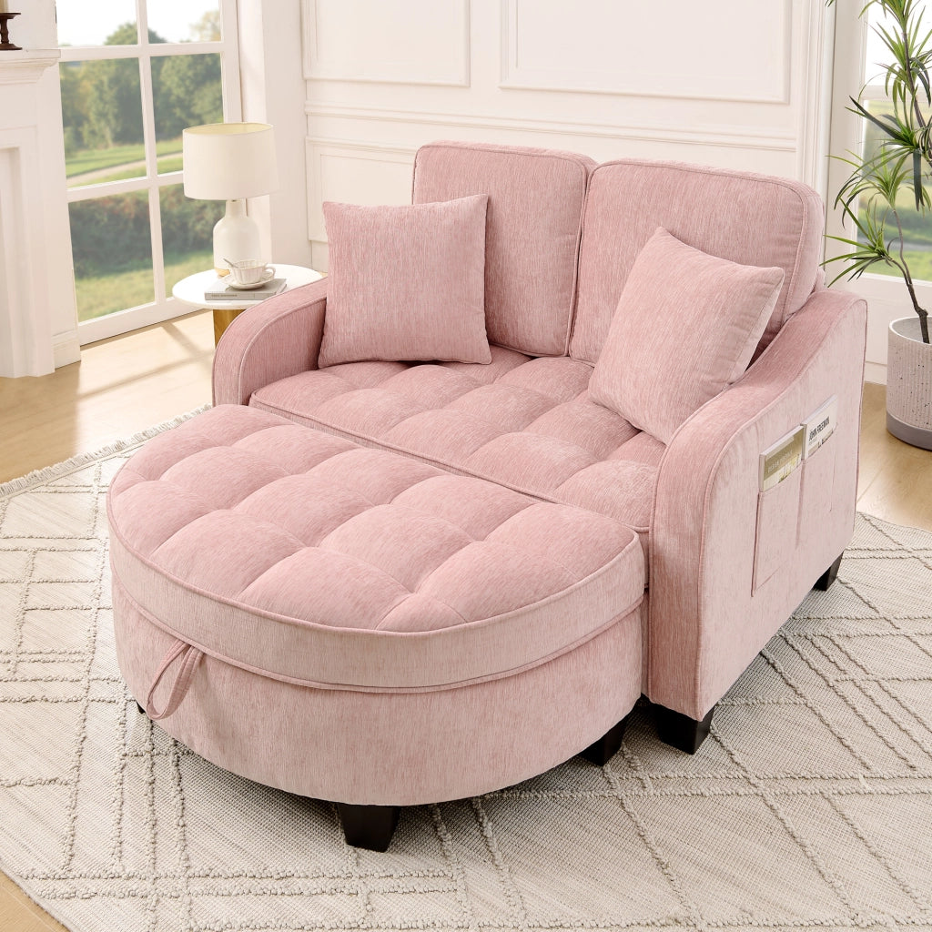 Divano letto 2 in 1 trasformabile con pouf contenitore 132x129x93 cm in tessuto rosa