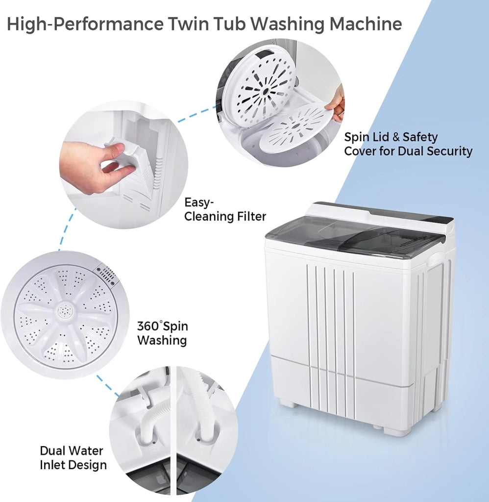 GT-GE-10390US-GR-FP - Lavatrice portatile da 20 libbre, lavatrice da 15 libbre e filatrice da 6,6 Llbs, compatta per camper appartamento, bianco e grigio, GT-GE-10390US-GR-FP