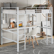 Hochbett 90x200 cm con scrivania; 4 ripiani e libreria; metallo bianco