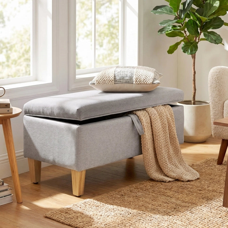 Panca contenitore imbottita con vano portaoggetti in effetto lino e gambe in legno, grigio chiaro 71 × 37 × 36 cm