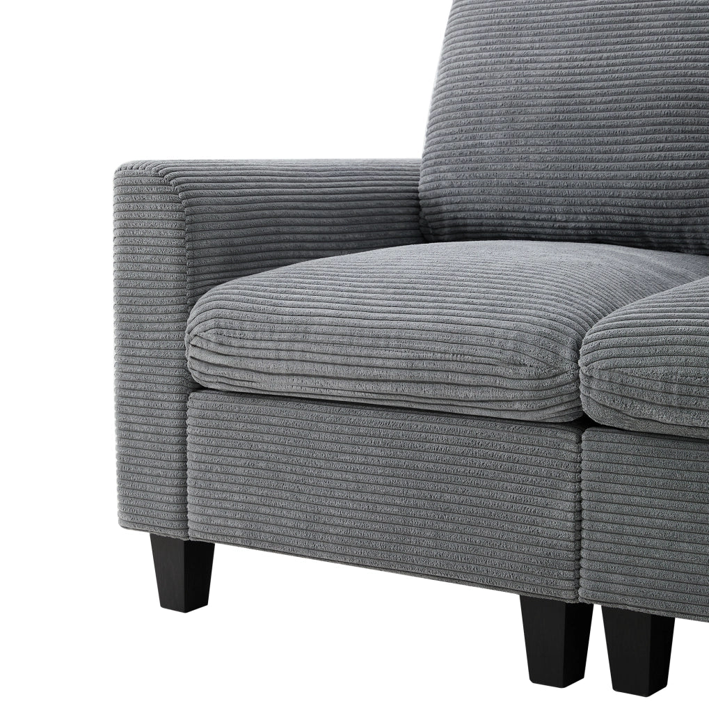 Divano angolare modulare con pouf contenitore; console con 2 USB e portabicchieri; corduroy grigio